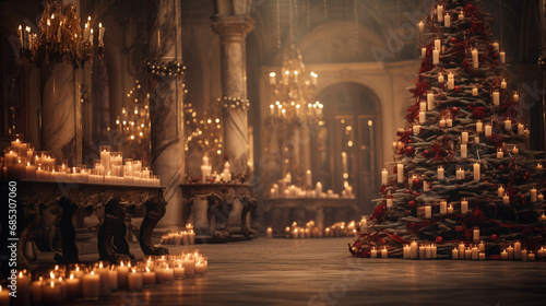 a large hall decorated with candles and a Christmas tree decorated in red with burning candles