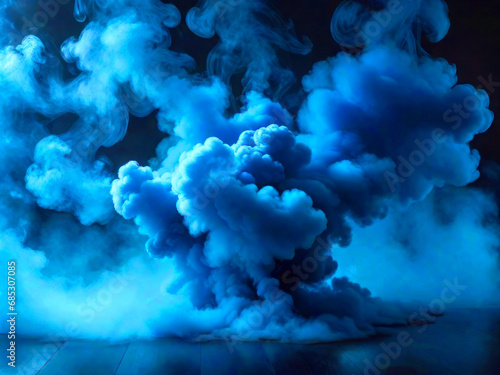 Volumetric thick clouds of blue smoke above the floor surface, abstract neon background.