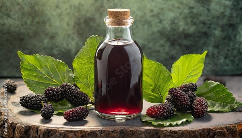 Black mulberry syrup (molasses) in bottle, mullberries and leaves near, empty space to write a text, copy space photo