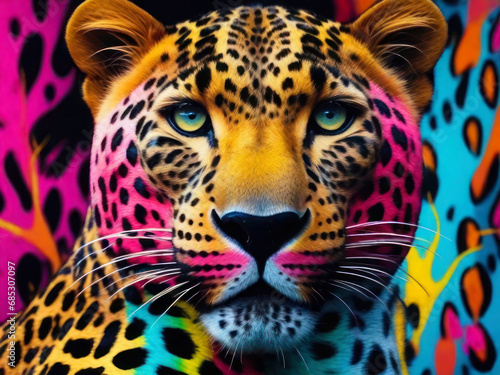 Psychedelic groove illustration  bright neon leopard  rainbow fur.
