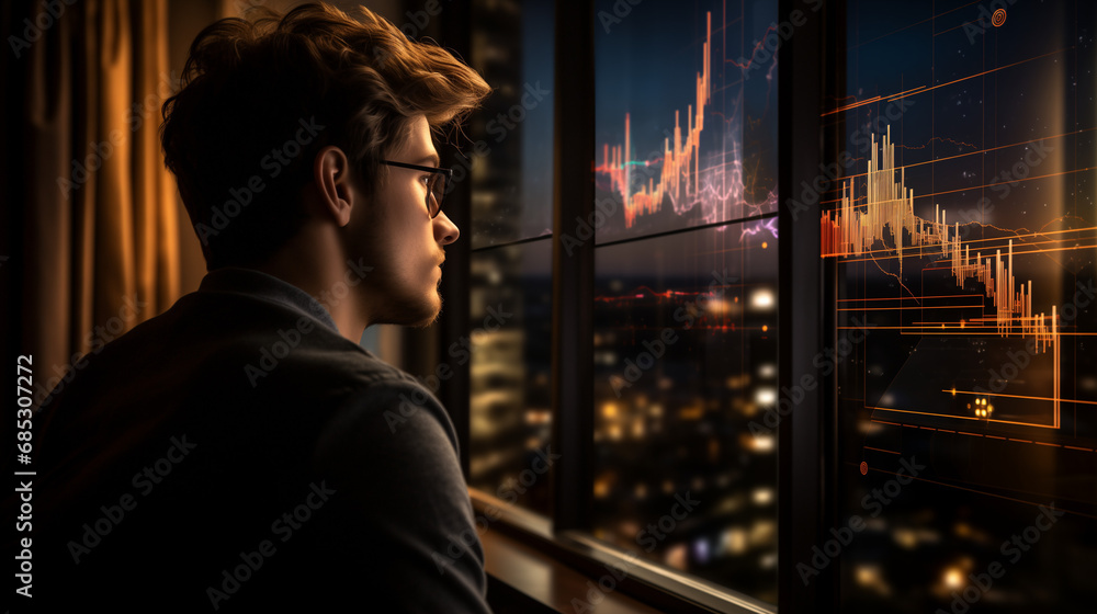 A trader studies stock market graphs, analytic for cryptocurrency and investment growth chart analysis. A trader studies stock market graphs, analytic for cryptocurrency and investment growth chart analysis.