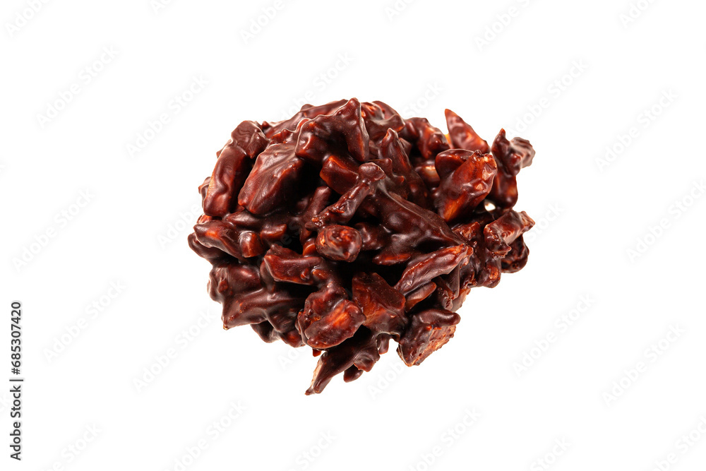 Obraz premium Confectionery of a dark chocolate and almond bonbon showing color and texture on a white background.
