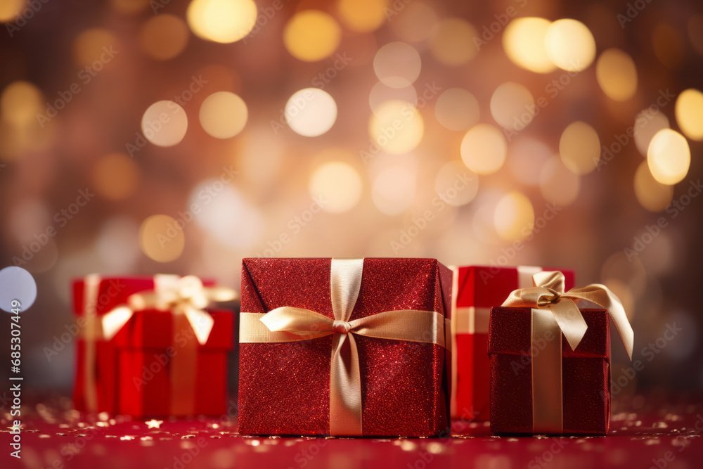Red Christmas gift boxes with gold bow on red defocused holiday background. Generative Ai Red Christmas gift boxes with gold bow on red defocused holiday background. Generative Ai