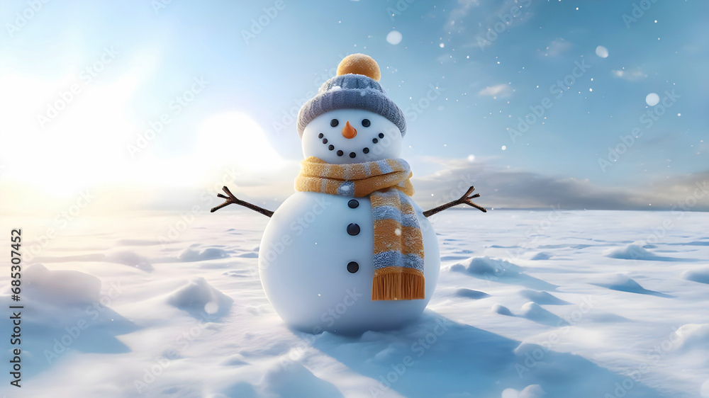 Obraz premium Little cute snowman in a hat and scarf on snow and winter snow forest. Copy Space Merry Christmas background