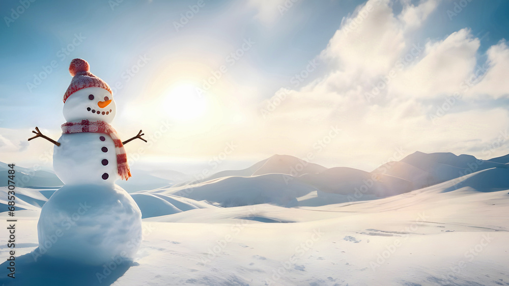 Obraz premium snowman wearing a hat and scarf on snow and sunny winter snowy forest. Copy Space Merry Christmas background