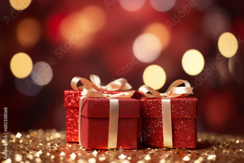 Red Christmas gift boxes with gold bow on red defocused holiday background. Generative Ai