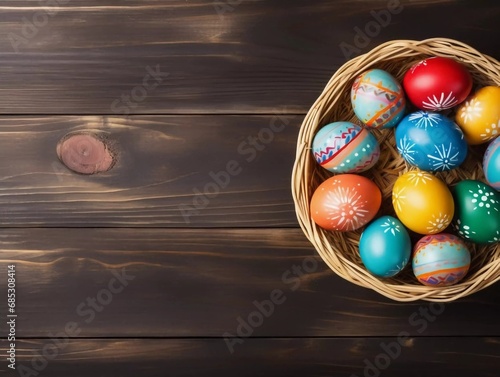 Happy Easter, Easter painted eggs in a basket on a wooden rustic table for your holiday greeting. copy space, AI generator
