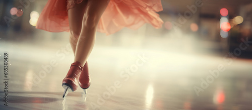 Legs of a skater in a pink tutu dancing on the dance floor photo