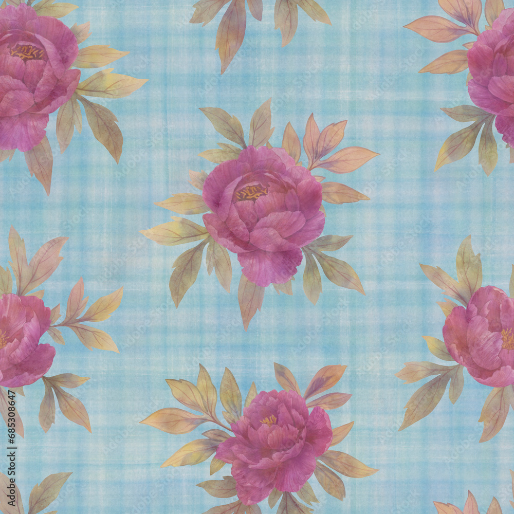 seamless pattern drawn with watercolors, abstract background of peony flowers with leaves