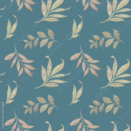 seamless watercolor pattern, abstract background for the design of wrapping paper, textiles, wallpaper, drawn branches with leaves on a gray - blue background