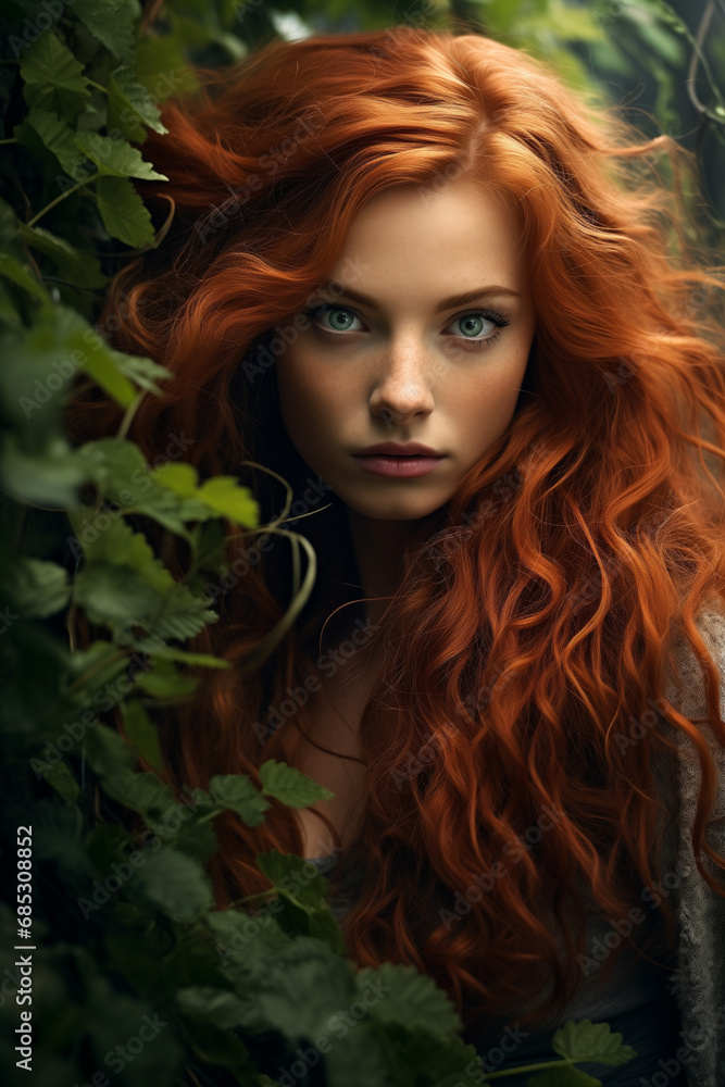 Enchanting Forest Portrait: A Woman with Curly Red Hair and Green Eyes, Immersed in the Serenity of the Forest - A Captivating Image that Blends Natural Beauty with the Mystical Aura of the Woods. Enchanting Forest Portrait: A Woman with Curly Red Hair and Green Eyes, Immersed in the Serenity of the Forest - A Captivating Image that Blends Natural Beauty with the Mystical Aura of the Woods.
