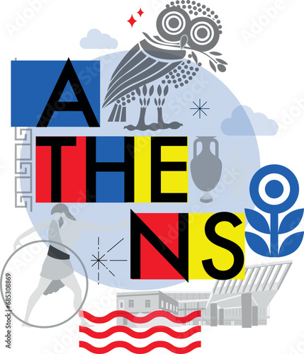 Typography word "Athens" branding technology concept. Collection of flat vector web icons. Culture travel set, famous architectures, specialties detailed silhouette. Greece famous landmark