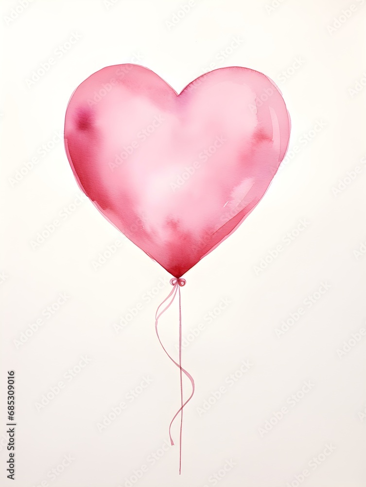 Drawing of a Heart shaped Balloon in pink Watercolors on a white Background. Romantic Template with Copy Space