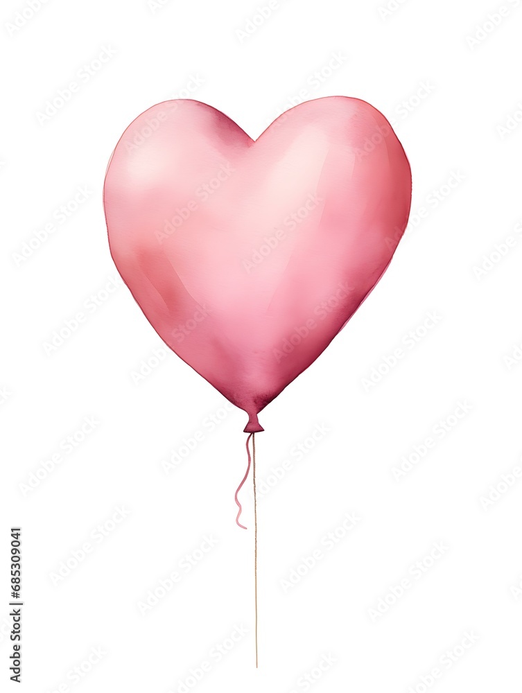 Drawing of a Heart shaped Balloon in pink Watercolors on a white Background. Romantic Template with Copy Space
