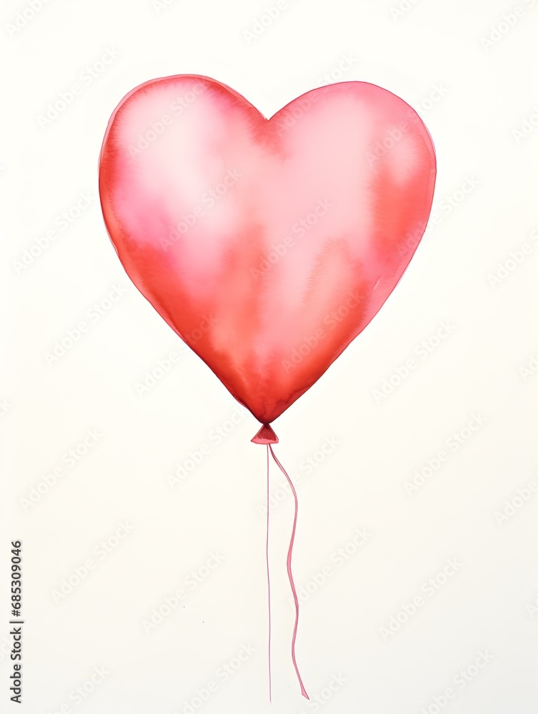 Drawing of a Heart shaped Balloon in pink Watercolors on a white Background. Romantic Template with Copy Space