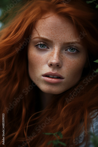 Enchanting Forest Portrait: A Woman with Curly Red Hair and Green Eyes, Immersed in the Serenity of the Forest - A Captivating Image that Blends Natural Beauty with the Mystical Aura of the Woods.
