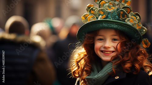 Celebrating St. Patrick's Day with a cute child dressed in traditional green Irish clothes, attending parades and enjoying Irish culture