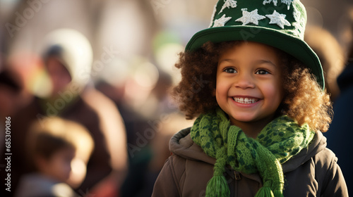 Celebrating St. Patrick's Day with a cute child dressed in traditional green Irish clothes, attending parades and enjoying Irish culture