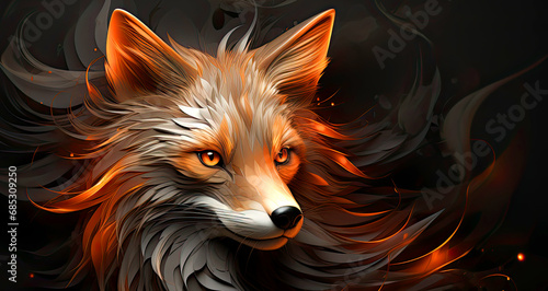 abstract 3d background with red fox on black background, copy space for text © Kseniya