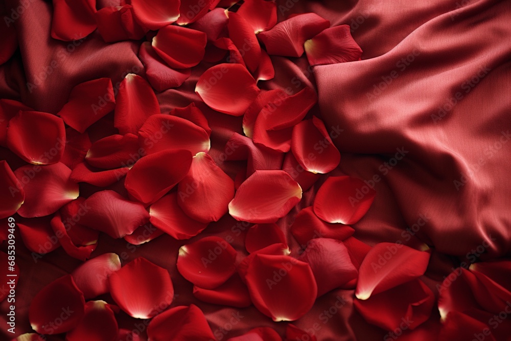 Red rose petals scattered on a bed, photographed from above, evoke the emotions of love and passion. Red rose petals scattered on a bed, photographed from above, evoke the emotions of love and passion.