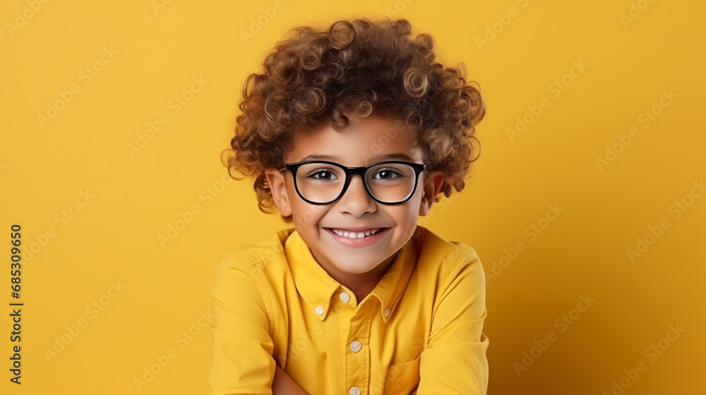 Smiling cute boy on yellow background, ai generated