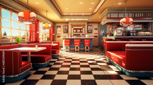 diner with checkerboard floors and nostalgia. © Mustafa_Art