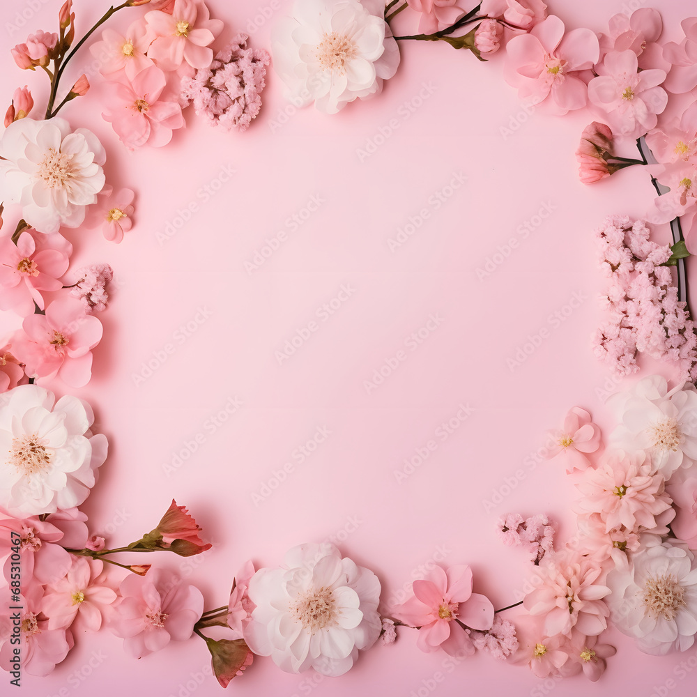 Beautiful pastel pink copy paste background. Bloomed flowers on the edges of the paper as a frame