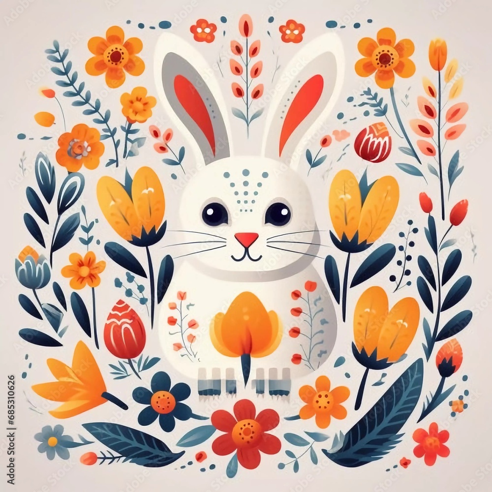 Easter card with rabbit and flowers, vector illustration, AI generator Easter card with rabbit and flowers, vector illustration, AI generator