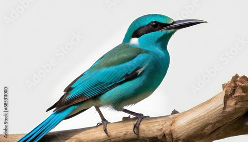 turquoise blue bird with black beaks calmly perching on wooden branch isolated on white background © Slainie