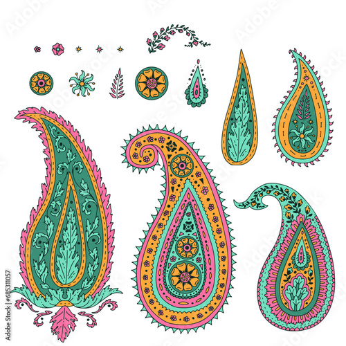 Set of colorful paisley motifs isolated on white background. Indian style design elements