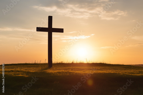 Silhouette christian cross on grass in sunrise background. Generative Ai