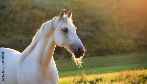 portrait of beautiful white arabian horse on a natural green farm background sunlight golden hour ai generated