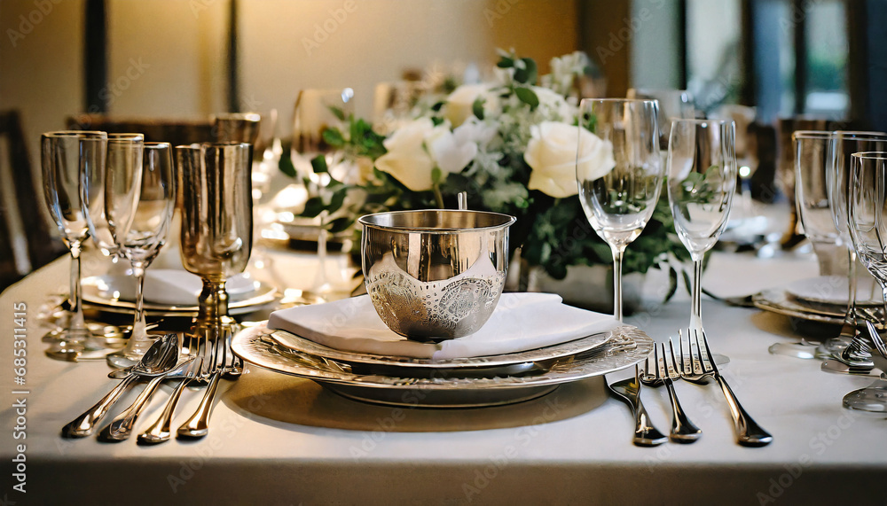 a silver plate with silverware set on a table perfect for showcasing elegant dining settings