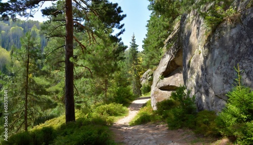 forest landscape path between rocks and firtrees isolated on background