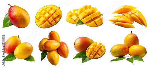 Mango Mangoes fruit, many angles and view side top front sliced halved group cut isolated on transparent background cutout, PNG file. Mockup template for artwork graphic design photo