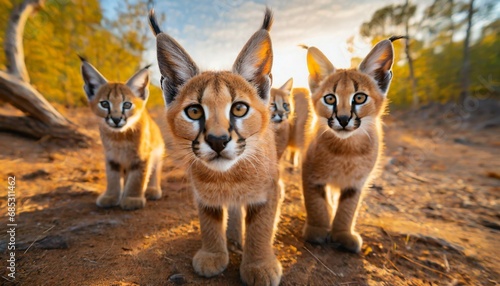 a group of young small teenage caracals wild big cats curiously looking straight into the camera golden hour photo ultra wide angle lens