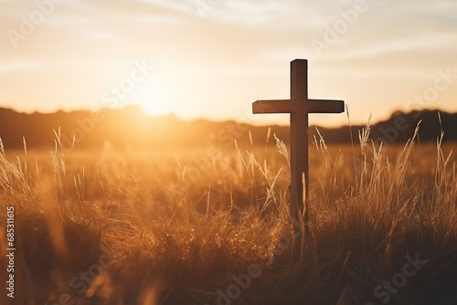 Silhouette christian cross on grass in sunrise background. Generative Ai photo