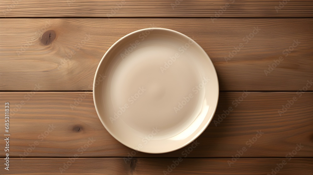 Top View of an empty Plate in beige Colors on a wooden Table. Elegant Template with Copy Space Top View of an empty Plate in beige Colors on a wooden Table. Elegant Template with Copy Space