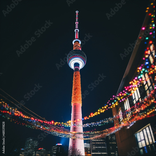 night shot of a giant christmas garland wrapped around the berlin tv tower,