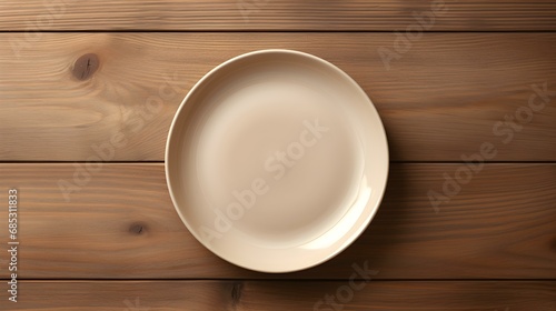 Top View of an empty Plate in beige Colors on a wooden Table. Elegant Template with Copy Space