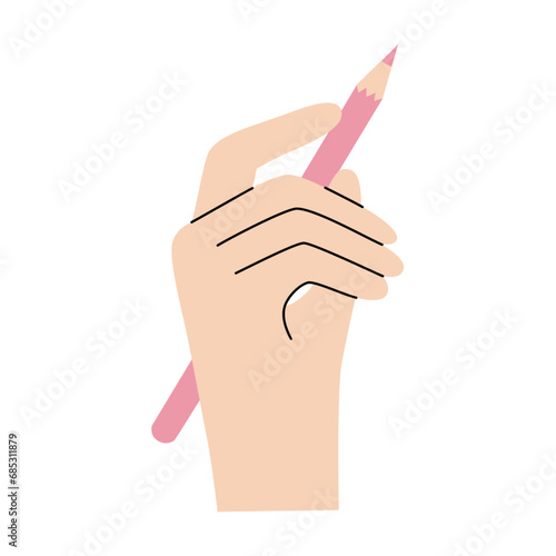 Hand with pencil in flat hand drawn style. Modern vector illustration perfect for art item or stationery shop decoration