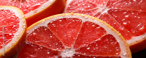 Fresh red grapefruit slices  with water drops over it  closeup macro detail. Generative AI