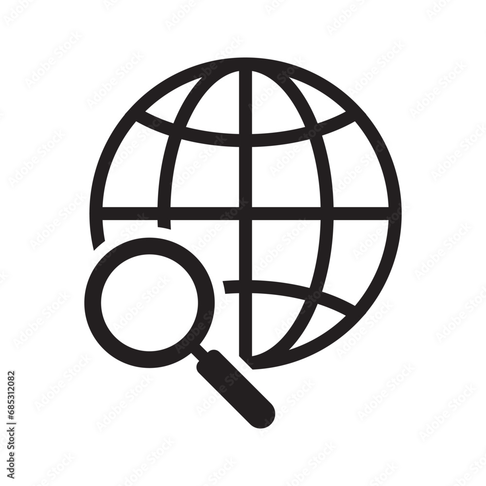 Global search icon. Magnifier and globe icon, search for a place on a map or on the globe sign. The icon of the magnifying glass and planet Earth. Global search icon. Magnifier and globe icon, search for a place on a map or on the globe sign. The icon of the magnifying glass and planet Earth.
