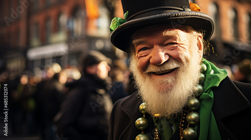 Celebrating St. Patrick's Day with a Happy brutal gray bearded senior man dressed in traditional green Irish clothes, attending parades and enjoying Irish culture