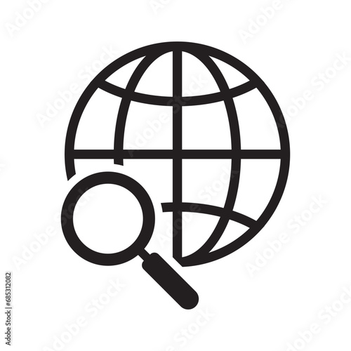Global search icon. Magnifier and globe icon, search for a place on a map or on the globe sign. The icon of the magnifying glass and planet Earth.
