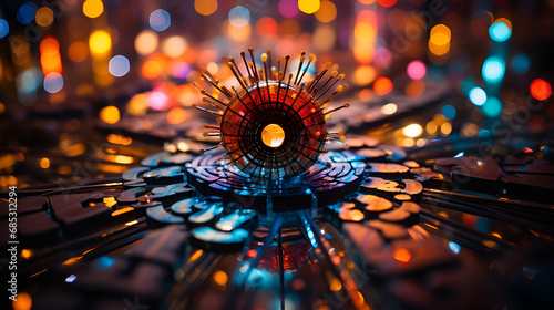 Stained glass window in church dome, Colorful abstract circles in a radiating pattern against a black background, Set goals for work. dart aiming at the target center business. goal, aiming marketin

 photo