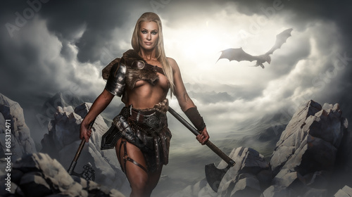 A strong female warrior holds a battle axe, ready for combat, with a dragon soaring in the sky behind her and mountains enveloped in mist photo