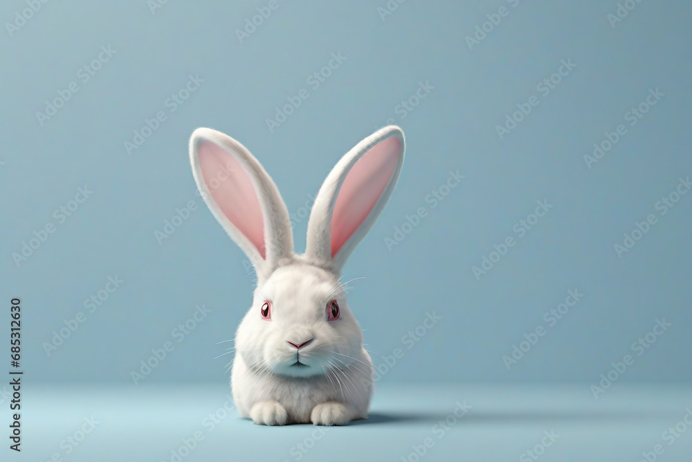 Obraz premium Cute white rabbit on blue background. Easter concept. Copy space.