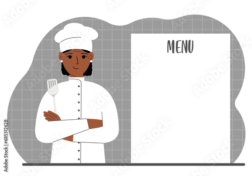 A chef in a cap stands next to a white sheet for placing a menu for a restaurant or cafe.