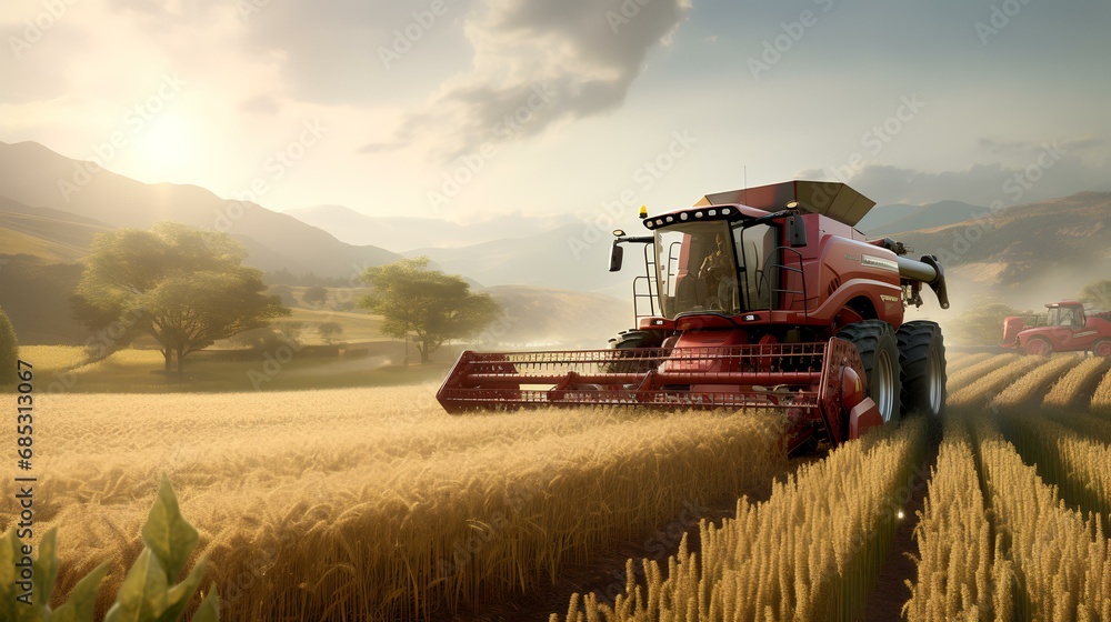 Obraz premium Combine harvester working on a wheat field. 3d render